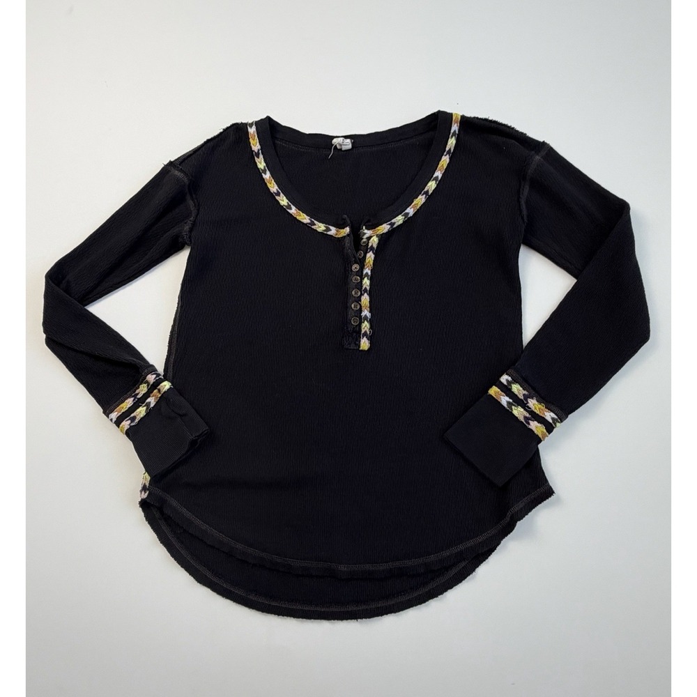 FREE PEOPLE Black Cotton Blend Rainbow Thermal Henley Top S